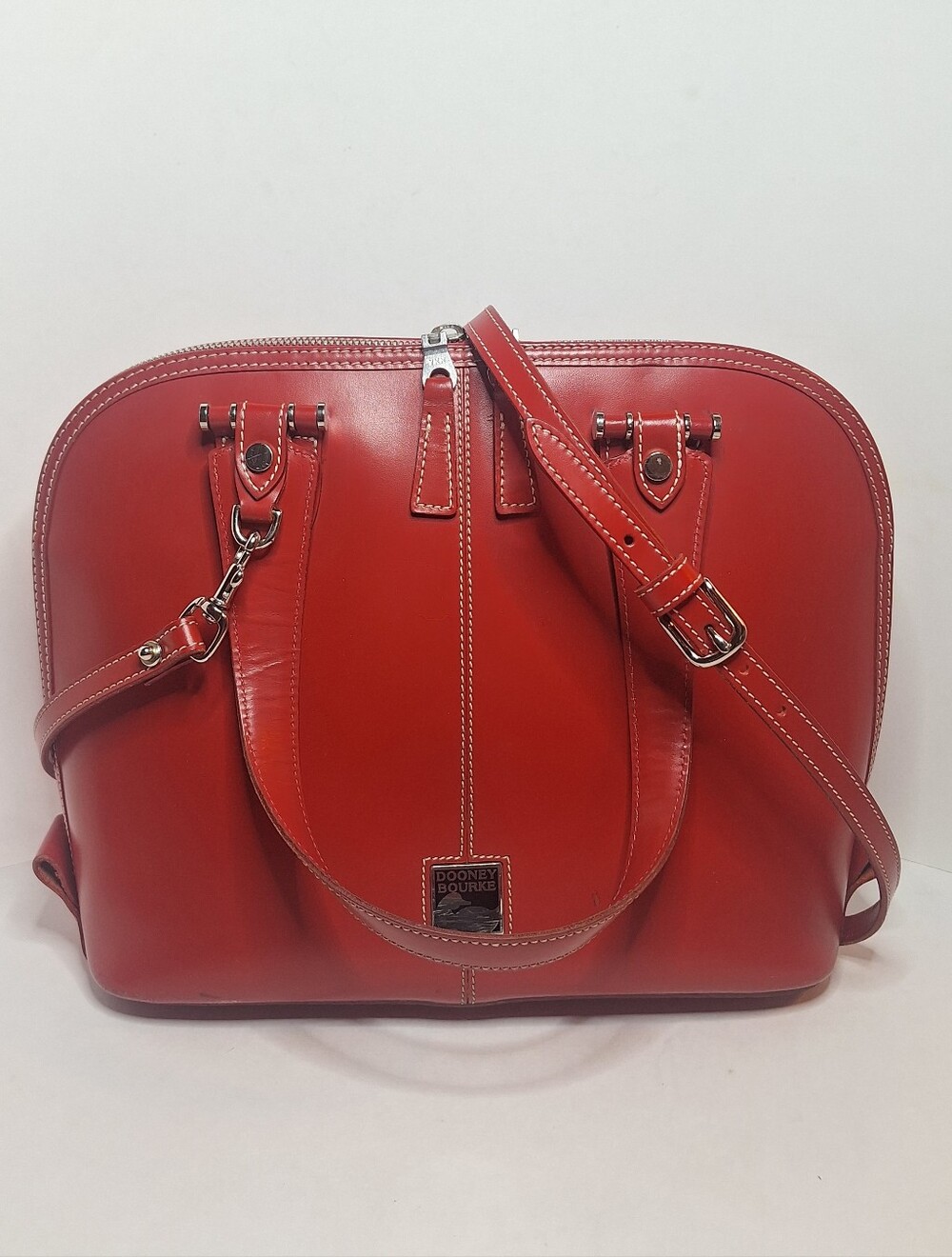 Dooney & Bourke Vintage Red Toiny Leather Domed Double Zip Satchel Crossbody USA